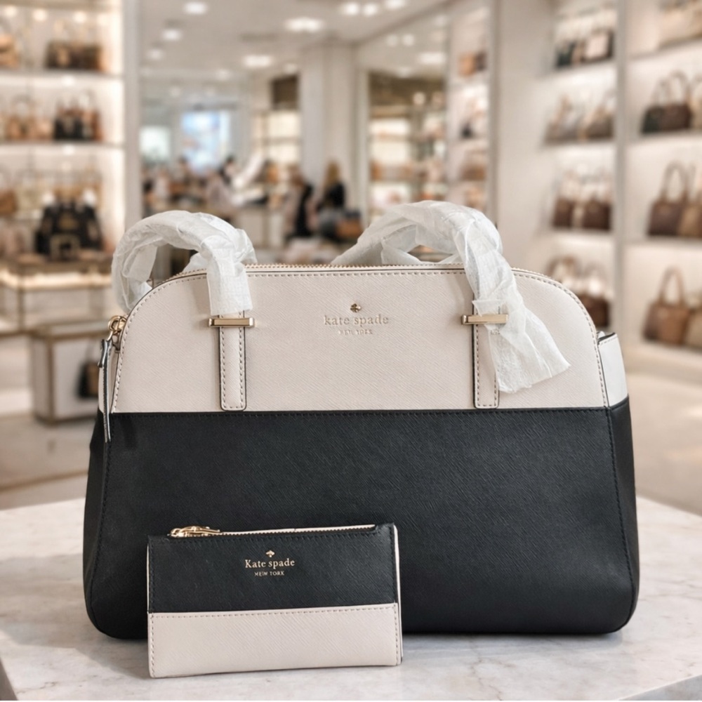 Kate Spade Small Elissa Tote in Black and Cream Colorblock Satchel & Wallet Set